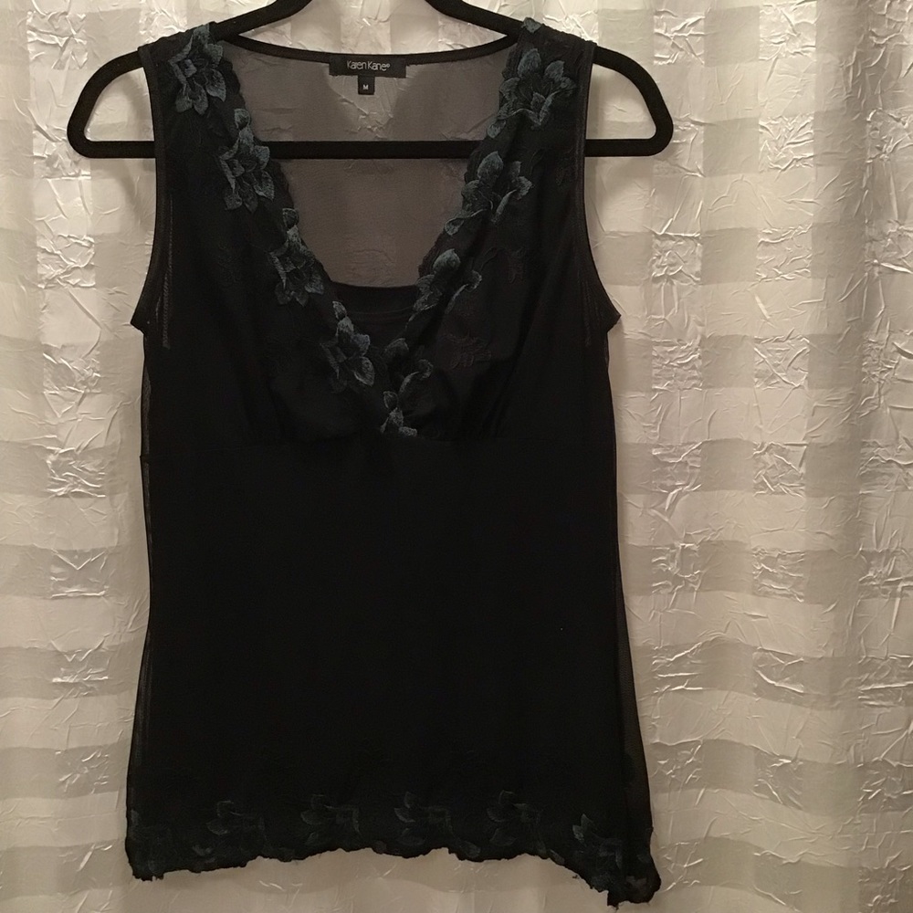 Karen Kane Lined Mesh Tank w/Teal Embroidery